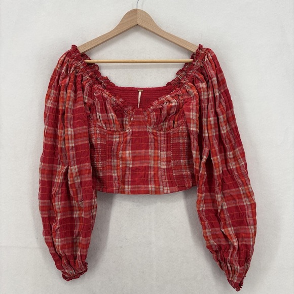 Free People Tops - Free People Cherry Bomb Blouse Womens XS Red Plaid Off Shoulder Crop Babydoll
